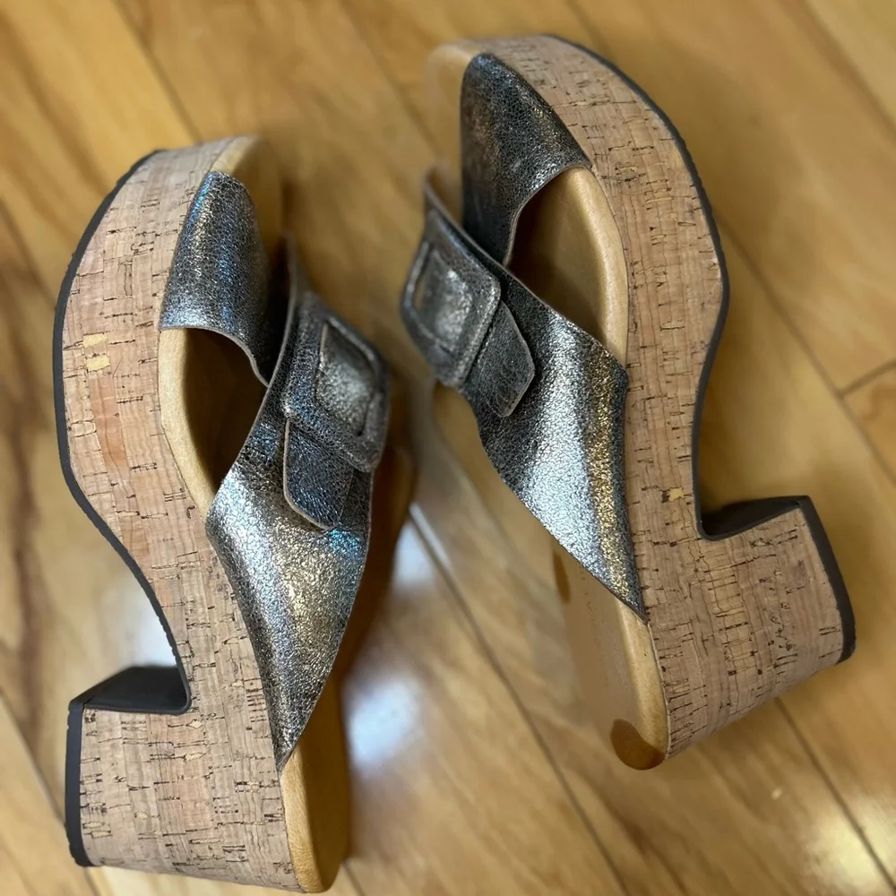 Chocolat Blu Y2K Metallic Pewter Cork Wedge Sandals Chunky Buckle Platform Slide